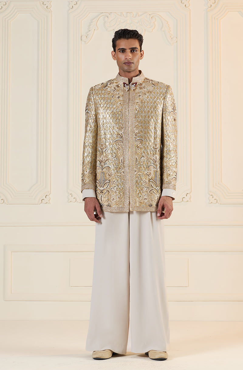 Gold Gota Crisscross Embroidered Short Sherwani Set