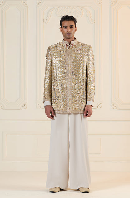 Gold Gota Crisscross Embroidered Short Sherwani Set