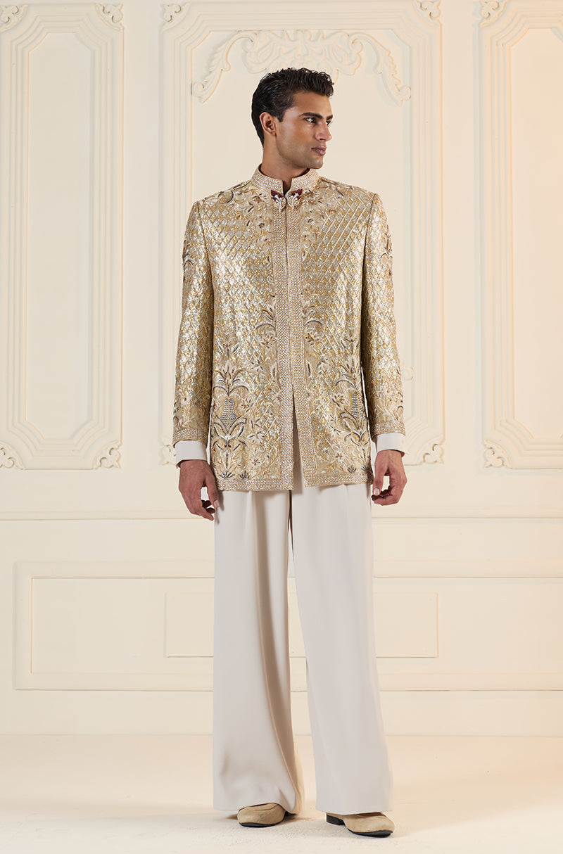 Gold Gota Crisscross Embroidered Short Sherwani Set