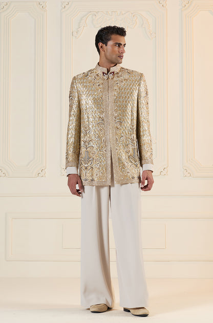 Gold Gota Crisscross Embroidered Short Sherwani Set