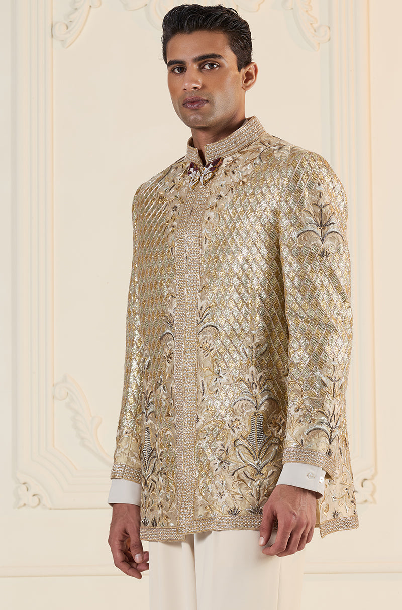 Gold Gota Crisscross Embroidered Short Sherwani Set