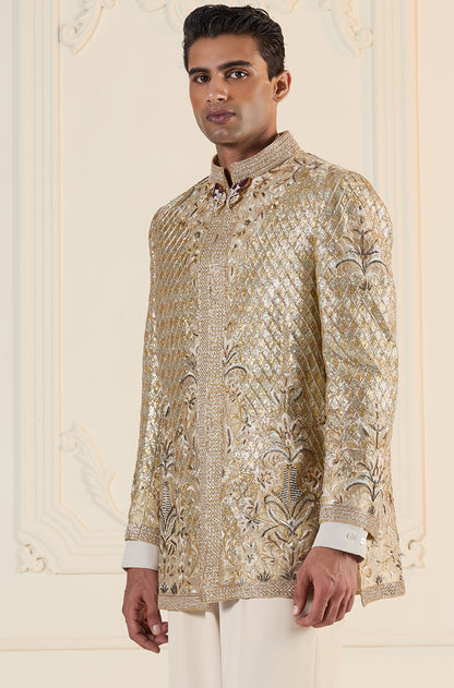 Gold Gota Crisscross Embroidered Short Sherwani Set