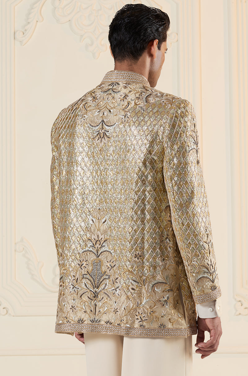 Gold Gota Crisscross Embroidered Short Sherwani Set