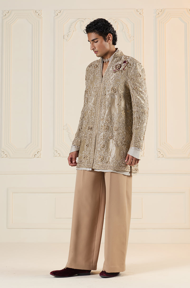 Gold Embroidered Short V Neck Sherwani Set
