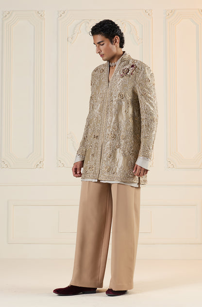 Gold Embroidered Short V Neck Sherwani Set
