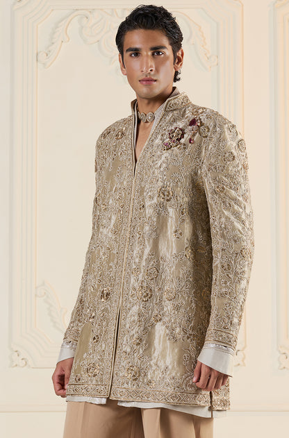 Gold Embroidered Short V Neck Sherwani Set