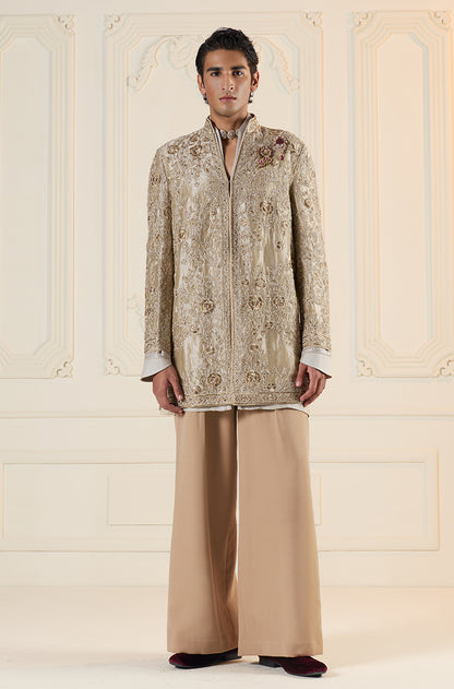 Gold Embroidered Short V Neck Sherwani Set
