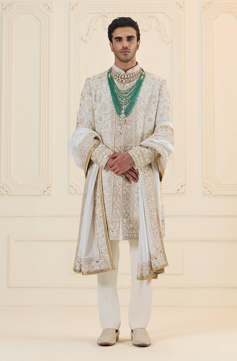 Ivory & Gold Embroidered Sherwani Set