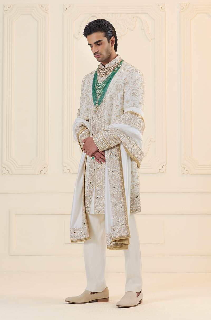 Ivory & Gold Embroidered Sherwani Set