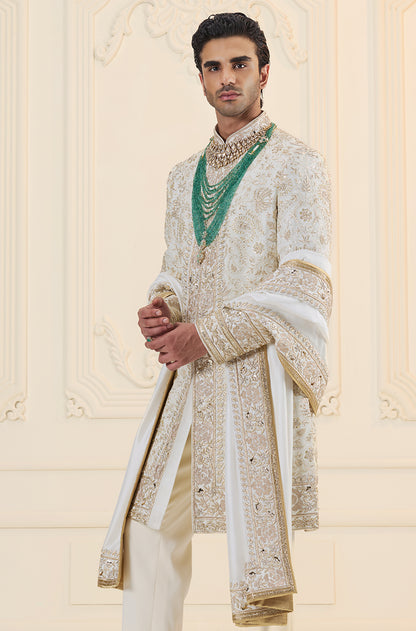 Ivory & Gold Embroidered Sherwani Set