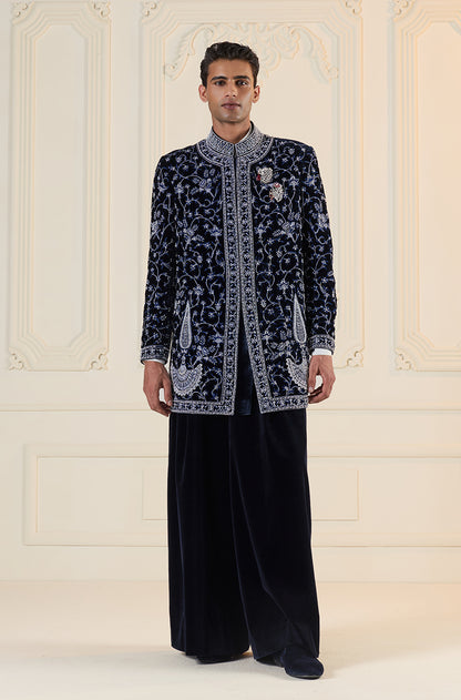 Blue Velvet Embroidered Short Sherwani Set