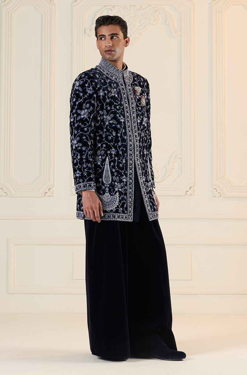 Blue Velvet Embroidered Short Sherwani Set