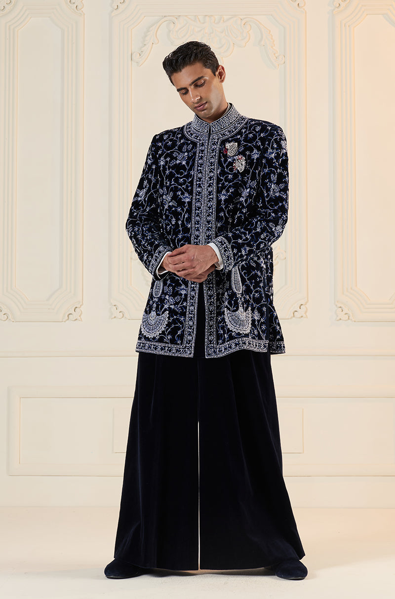 Blue Velvet Embroidered Short Sherwani Set