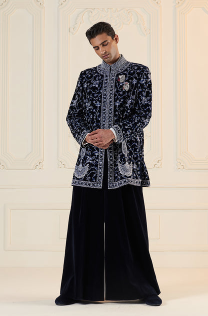 Blue Velvet Embroidered Short Sherwani Set