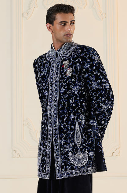 Blue Velvet Embroidered Short Sherwani Set