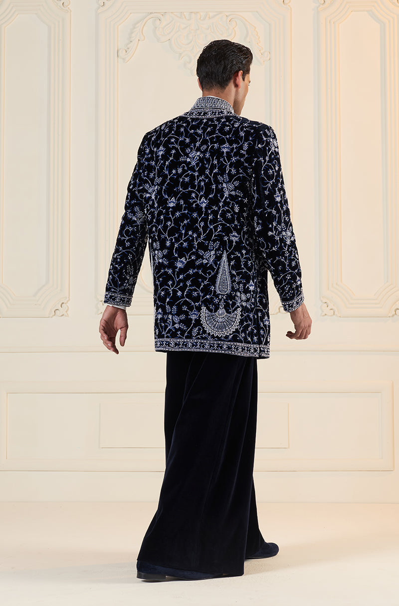 Blue Velvet Embroidered Short Sherwani Set
