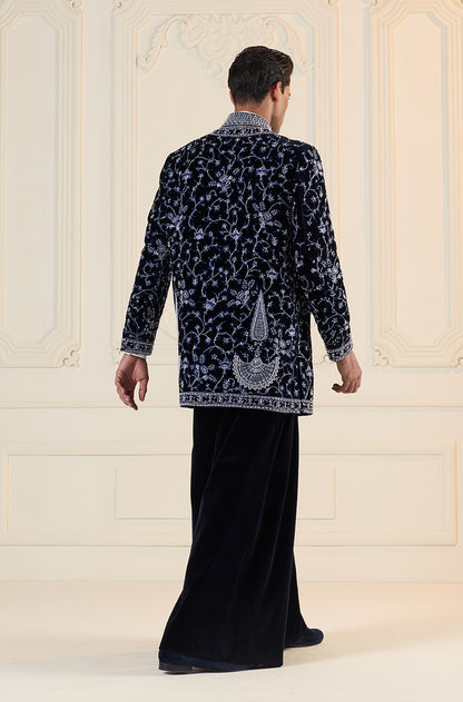 Blue Velvet Embroidered Short Sherwani Set