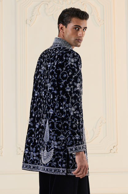 Blue Velvet Embroidered Short Sherwani Set