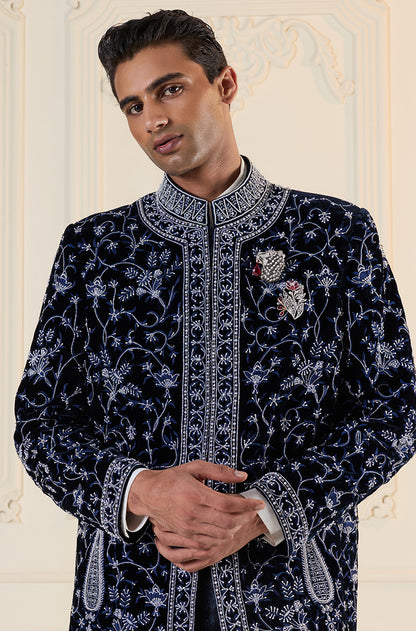 Blue Velvet Embroidered Short Sherwani Set