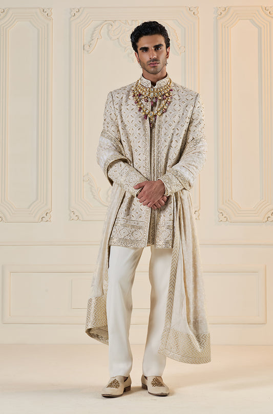 Ivory Crisscross Embroidered Sherwani Set