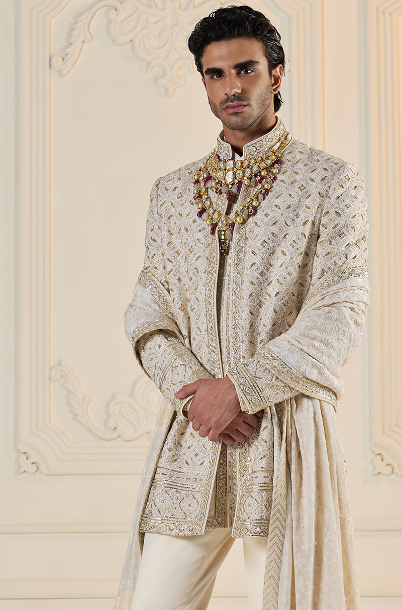 Ivory Crisscross Embroidered Sherwani Set
