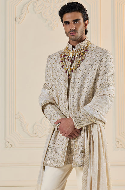 Ivory Crisscross Embroidered Sherwani Set