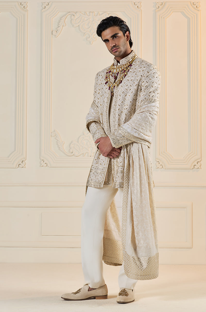 Ivory Crisscross Embroidered Sherwani Set