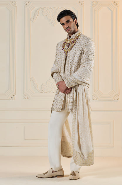 Ivory Crisscross Embroidered Sherwani Set