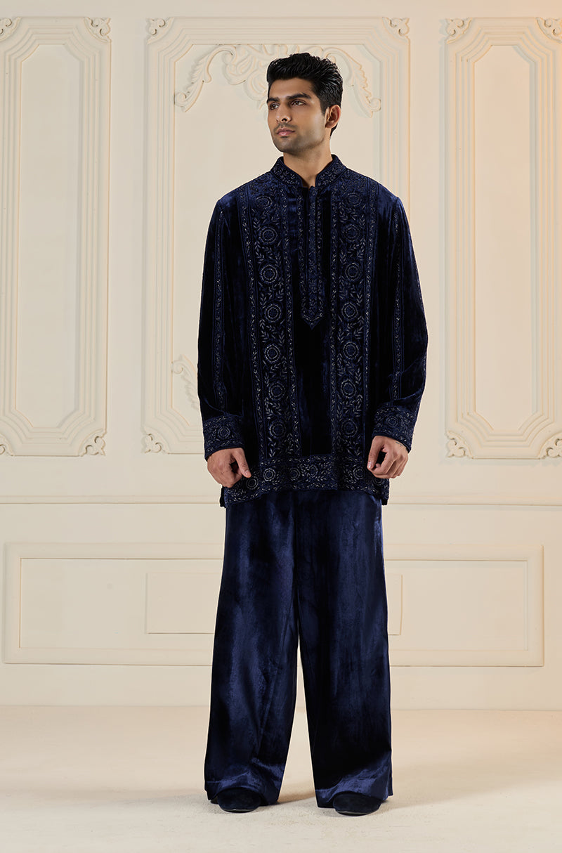 Navy Blue Velvet Self Embroidered Panels Kurta Set