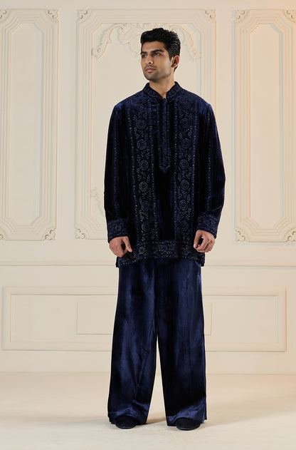 Navy Blue Velvet Self Embroidered Panels Kurta Set