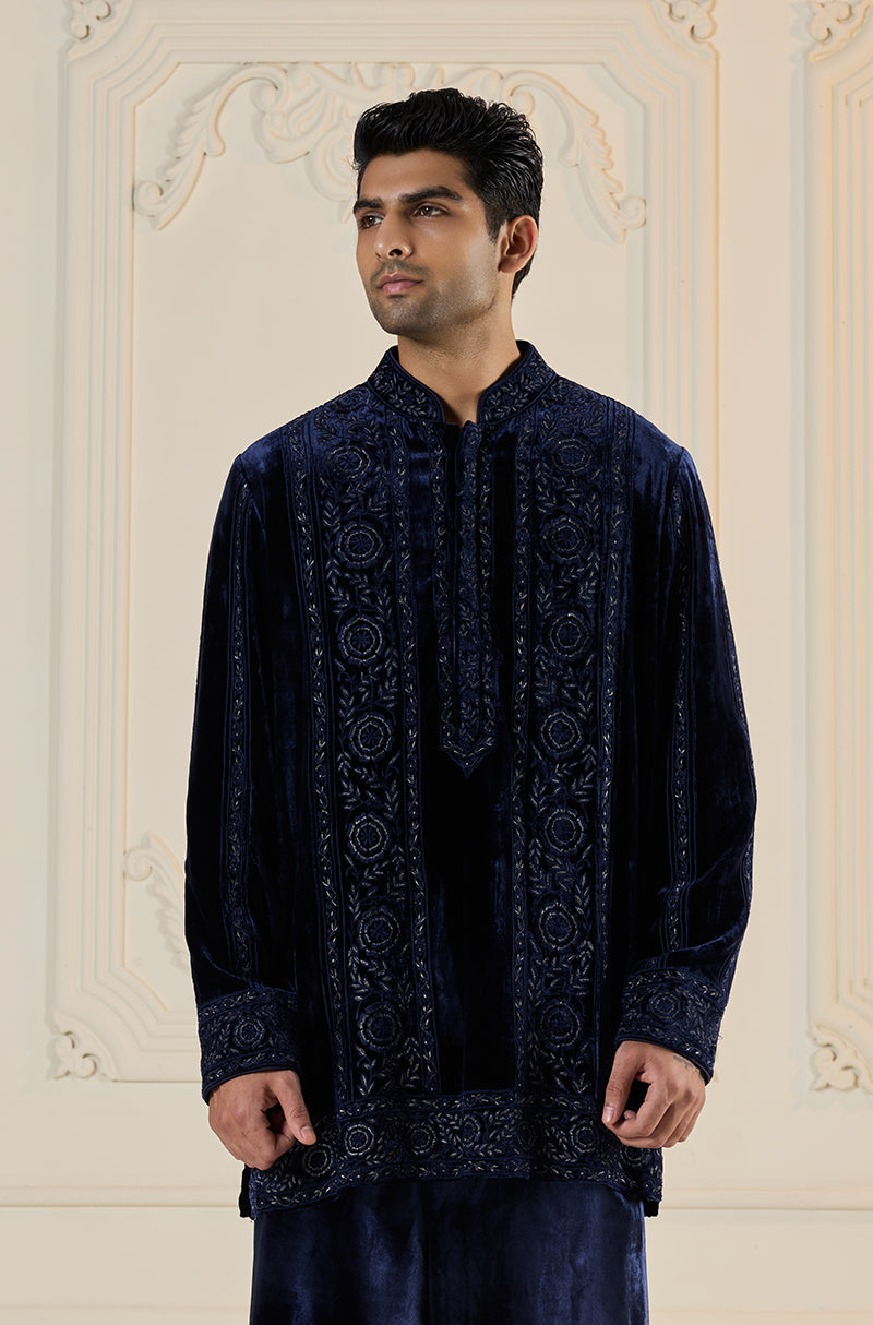 Navy Blue Velvet Self Embroidered Panels Kurta Set