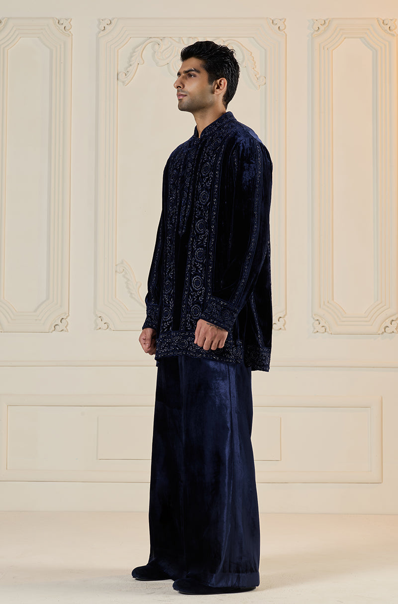 Navy Blue Velvet Self Embroidered Panels Kurta Set