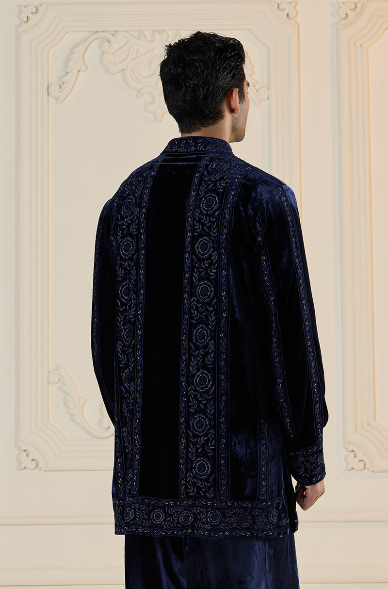 Navy Blue Velvet Self Embroidered Panels Kurta Set