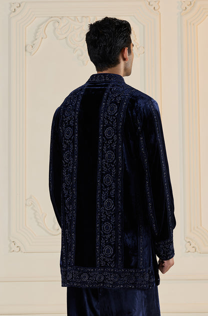 Navy Blue Velvet Self Embroidered Panels Kurta Set