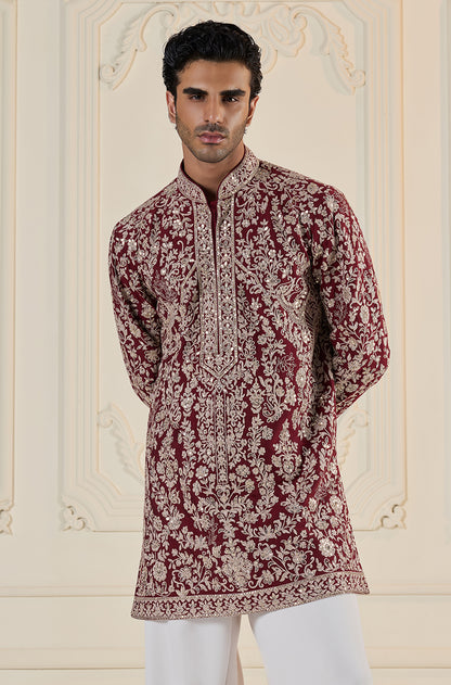Deep Red Dori Embroidered Kurta Set