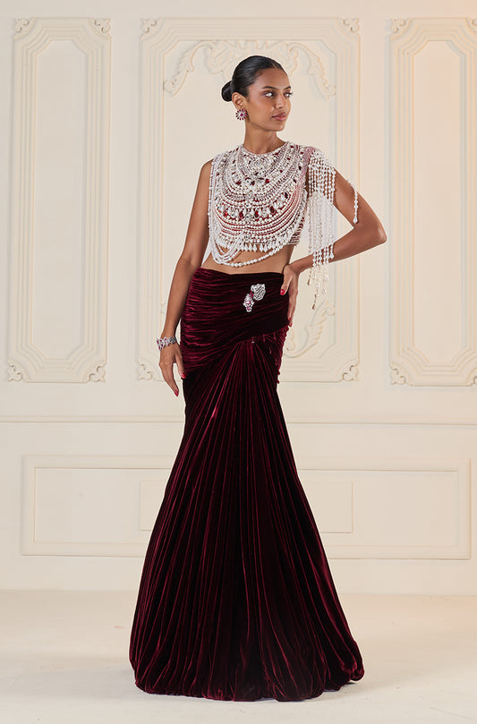 Maroon Velvet Wrap Skirt Set