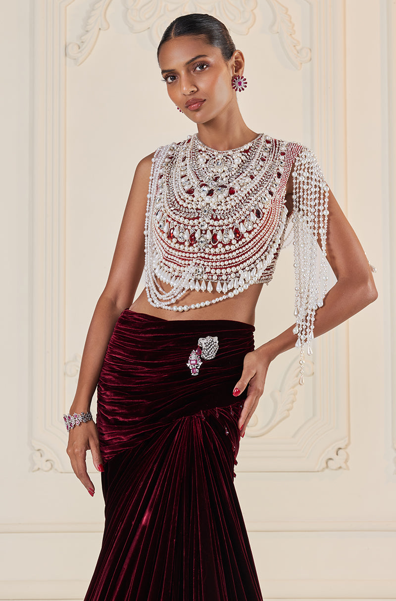 Maroon Velvet Wrap Skirt Set