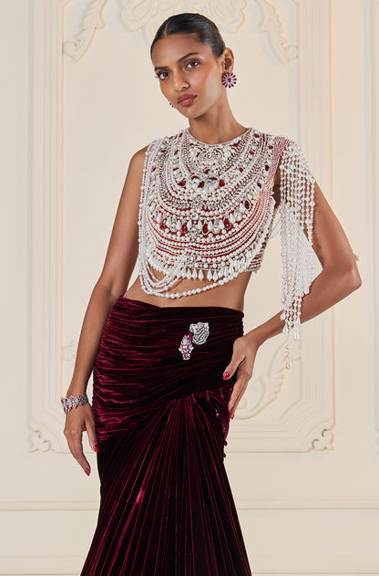 Maroon Velvet Wrap Skirt Set