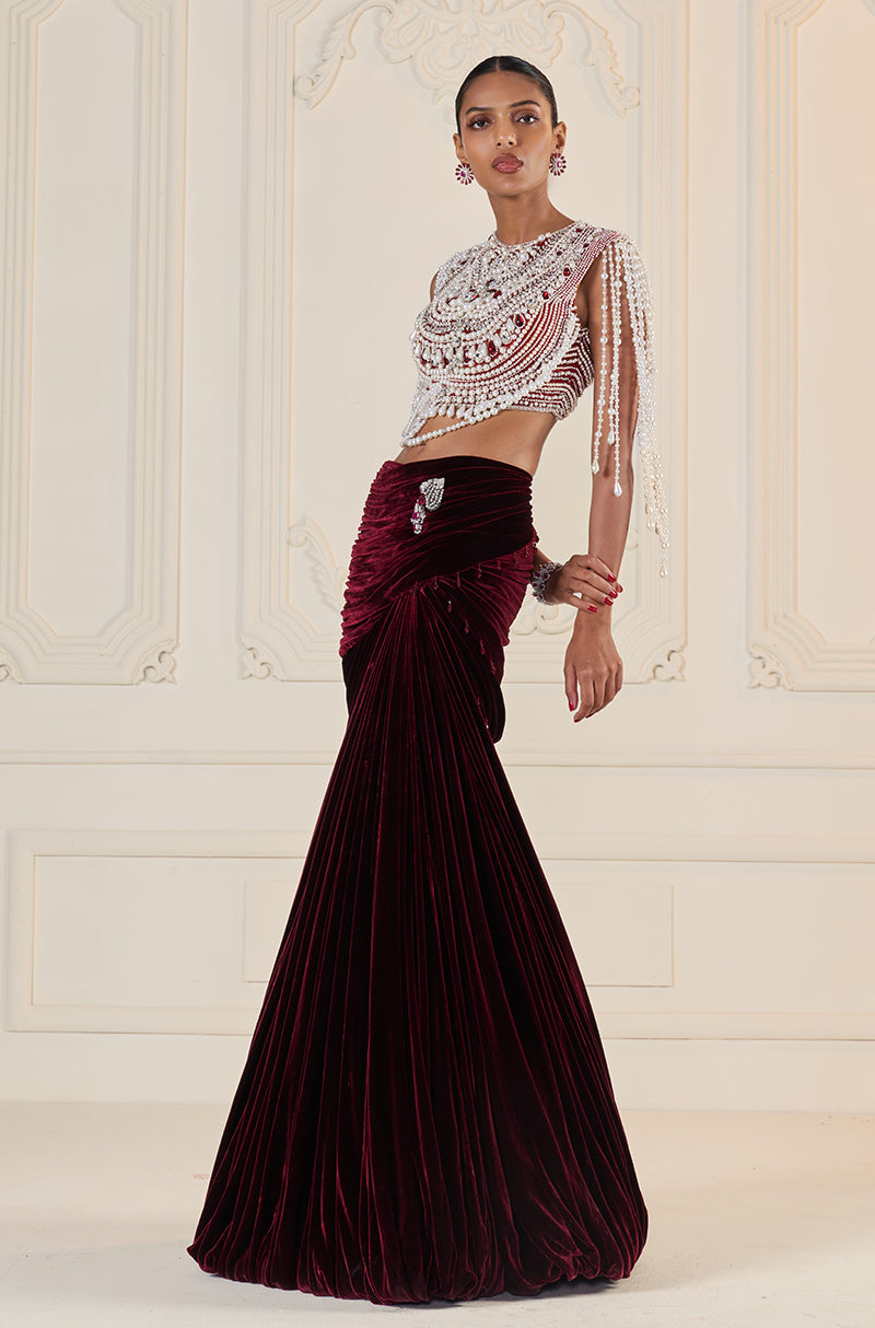 Maroon Velvet Wrap Skirt Set