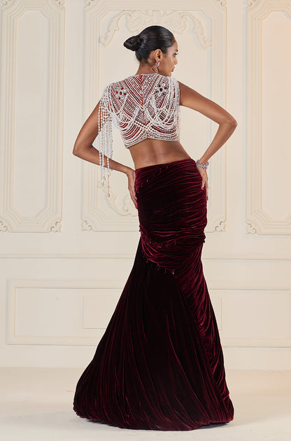 Maroon Velvet Wrap Skirt Set