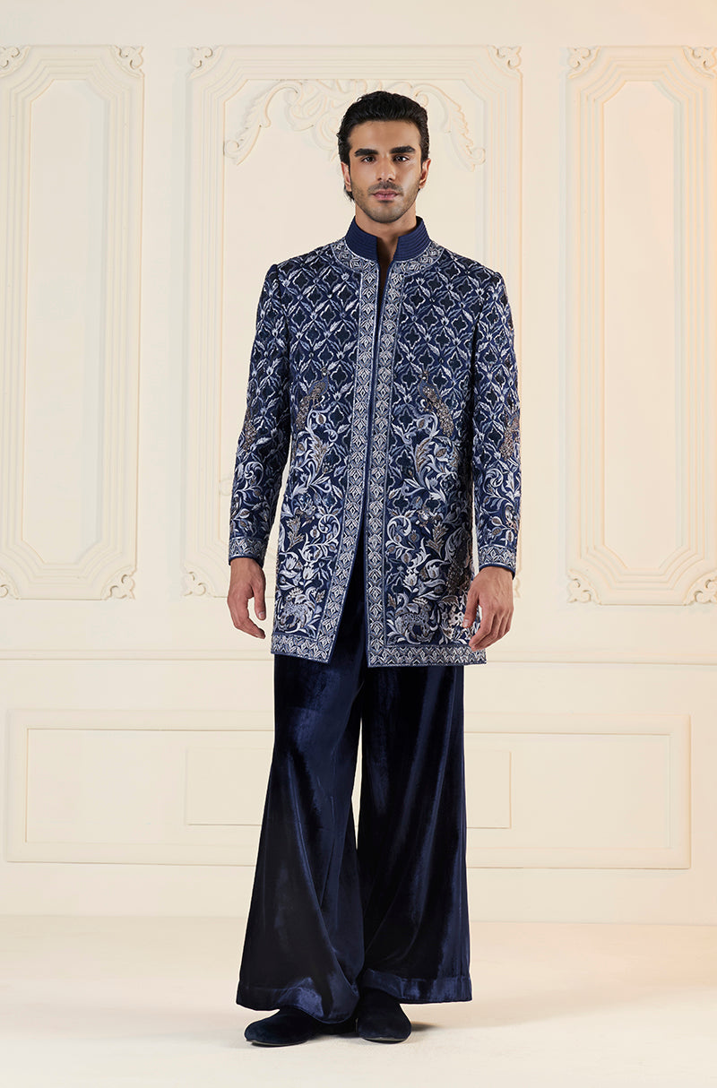 Navy Blue & Silver Embroidered Short Sherwani Set