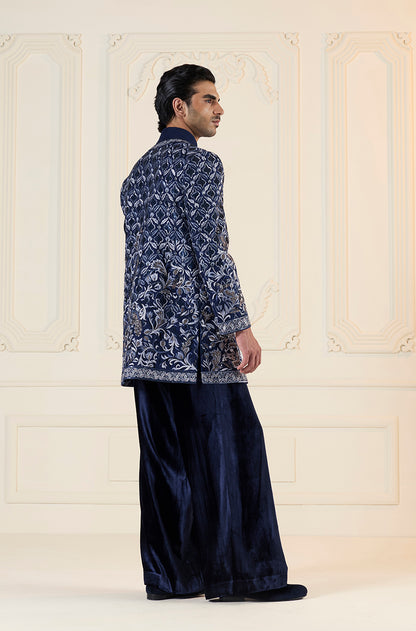 Navy Blue & Silver Embroidered Short Sherwani Set