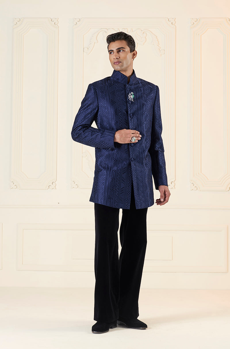 Navy Threadwork Embellished With Stones Short Sherwani Set