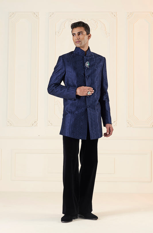 Navy Threadwork Embellished With Stones Short Sherwani Set
