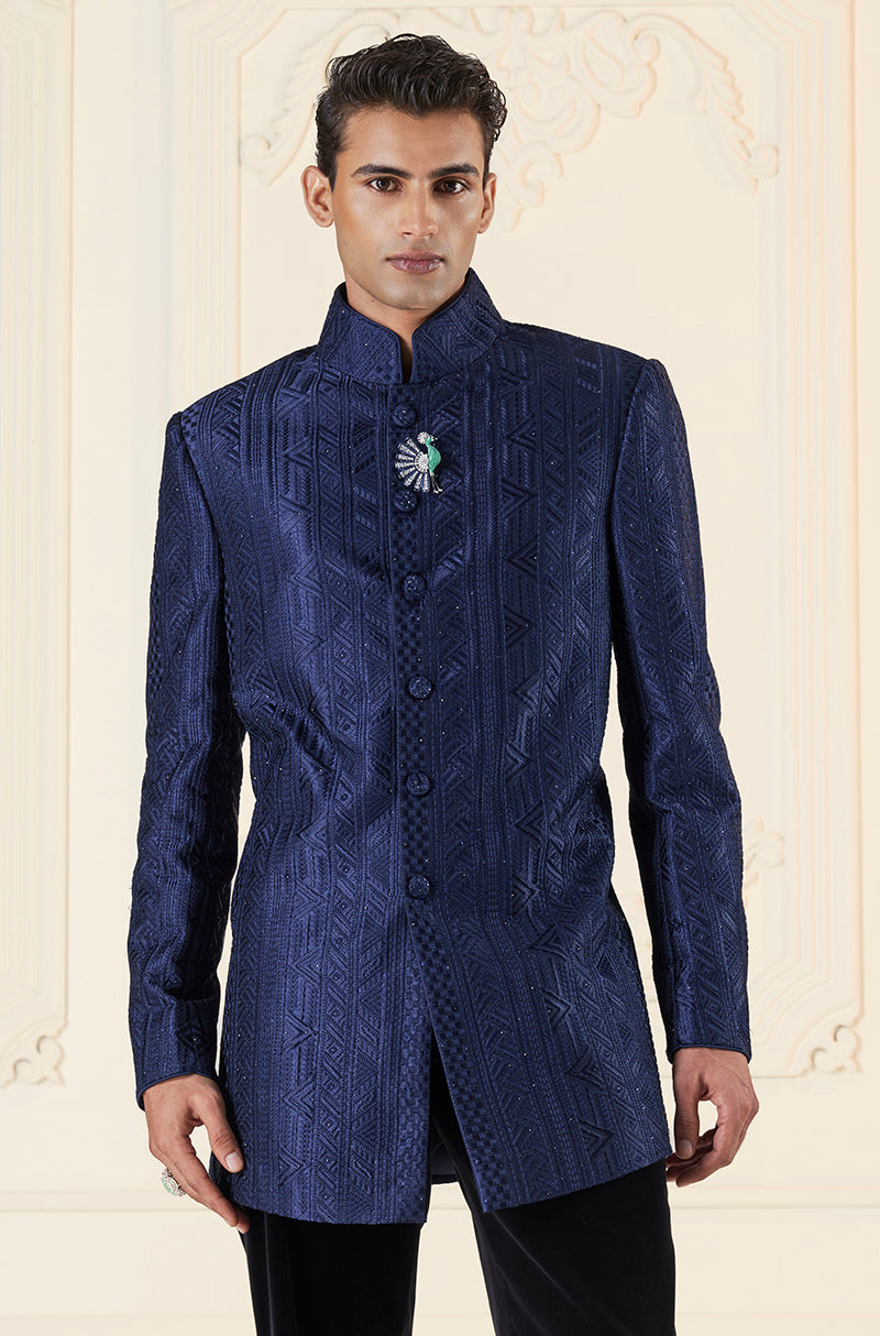 Navy Threadwork Embellished With Stones Short Sherwani Set