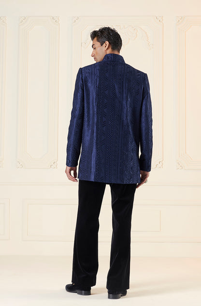 Navy Threadwork Embellished With Stones Short Sherwani Set