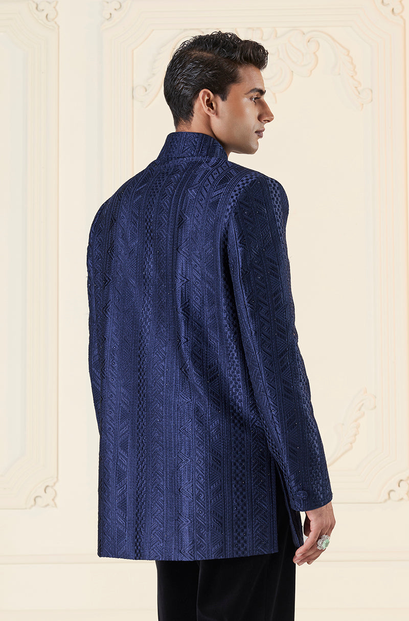 Navy Threadwork Embellished With Stones Short Sherwani Set