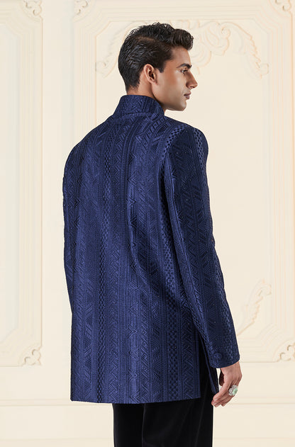 Navy Threadwork Embellished With Stones Short Sherwani Set