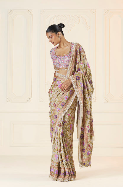 Badami Multi-Resham & Kashmiri Embroidered Saree Set