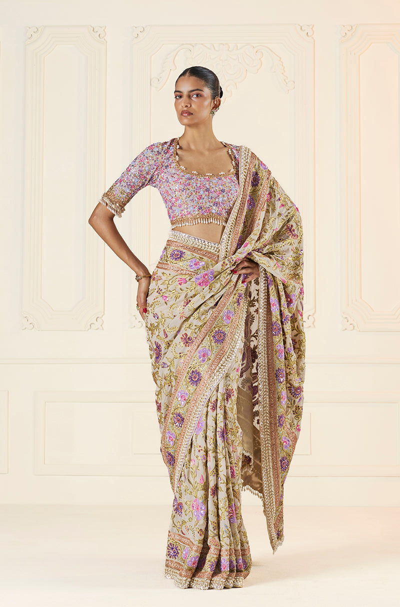 Badami Multi-Resham & Kashmiri Embroidered Saree Set